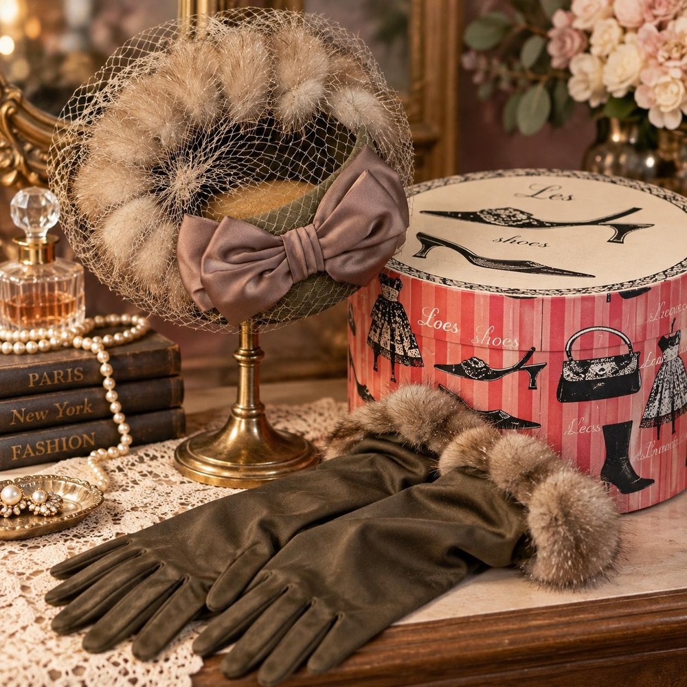 Vintage 1950s 60s Ladies Fur Trim Veiled Hat Long Gloves Satin Bow Hat w Hat Box